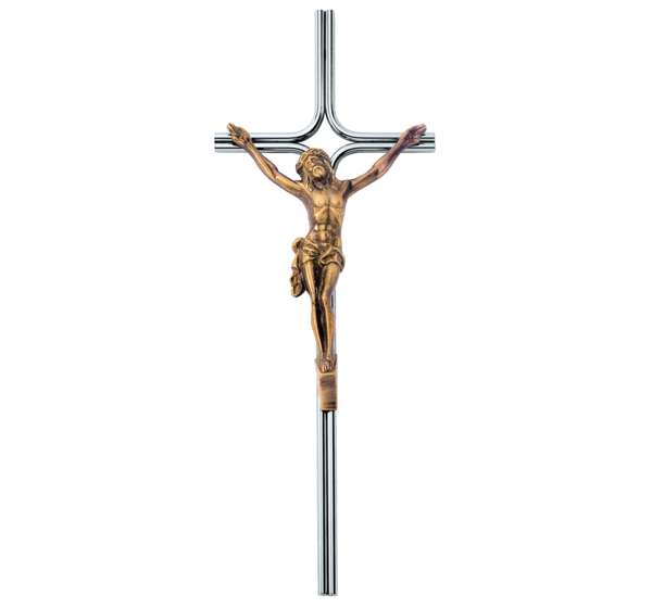 Cruz de acero inoxidable con Cristo de bronce para lápidas y nichos. Modelo AI 2100 en 48 cm. Alta resistencia exterior y envío a toda España.