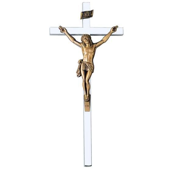 Cruz de acero inoxidable con Cristo de bronce para lápidas y nichos. Modelo AI 2210 en 45 cm. Resistente al exterior, acabado duradero y envío a toda España.