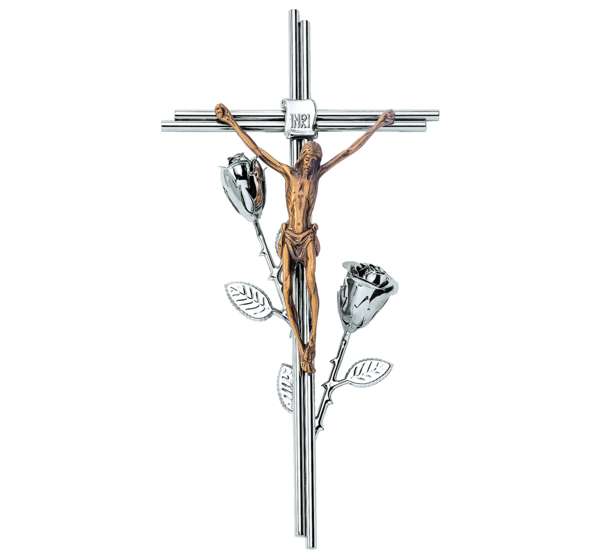 Cruz con rosas de acero inoxidable y Cristo de bronce para lápidas y nichos. Modelo AI 2324 en 40 cm. Alta resistencia al exterior y envío a toda España.