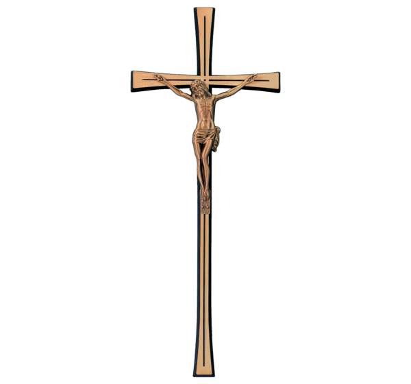 Cruz de bronce con figura de Cristo para decoración funeraria en lápidas y nichos, disponible en varios tamaños de 17 a 48 cm, resistente a exteriores.