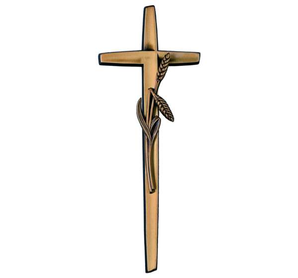 Cruz de bronce de 40 cm con detalle de espigas de trigo modelo BR 2286, ideal para decoración de lápidas y panteones, resistente a la intemperie.