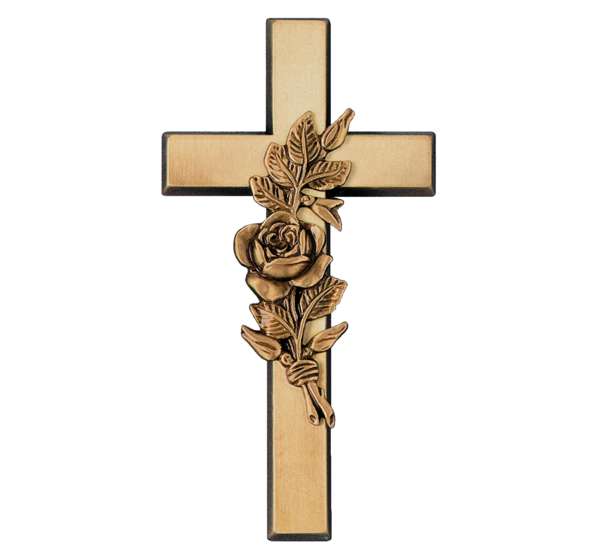 Cruz de bronce de 20 cm modelo BR 2412 con detalle de rosa artesanal, diseñada para decoración de lápidas y nichos, resistente a la intemperie.