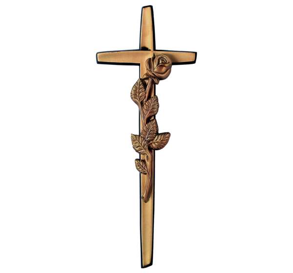 Cruz de bronce de 40 cm con detalle de rosa modelo BR 2287 para decoración funeraria, fabricada en bronce macizo resistente a exteriores