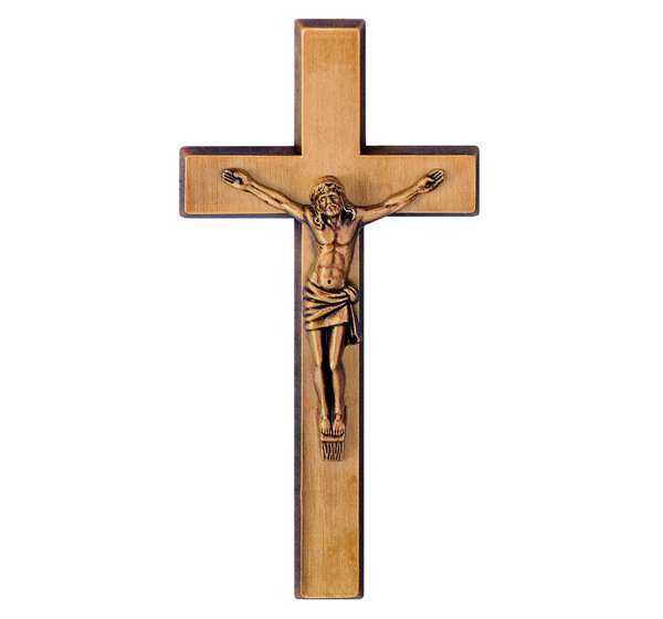 Cruz de bronce de 20 cm con figura de Cristo para decoración de lápidas y columbarios. Acabado artesanal resistente a exteriores con envío a toda España