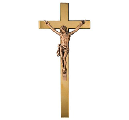 Cruz de bronce de 45 cm con figura de Cristo modelo BR 2010, ideal para decoración de panteones y lápidas grandes, acabado resistente para exteriores