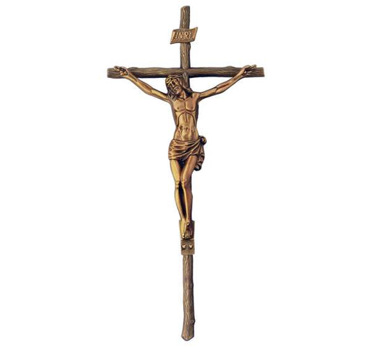 Gran cruz de bronce de 47 cm con figura de Cristo modelo BR 2011, ideal para decoración central de panteones y lápidas grandes, resistente a la intemperie