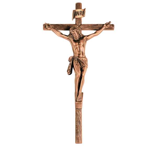 Gran cruz de bronce de 48 cm con figura de Cristo modelo BR 2002 para decoración de lápidas y panteones, fabricación artesanal resistente a la intemperie.