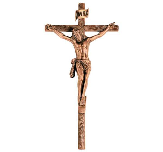 Gran cruz de bronce de 48 cm con figura de Cristo modelo BR 2002 para decoración de lápidas y panteones, fabricación artesanal resistente a la intemperie.