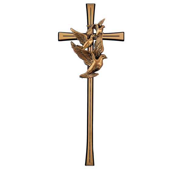 Cruz de bronce de 40 cm con detalle de palomas modelo BR 2654, ideal para decoración central de lápidas y panteones, acabado de alta durabilidad.