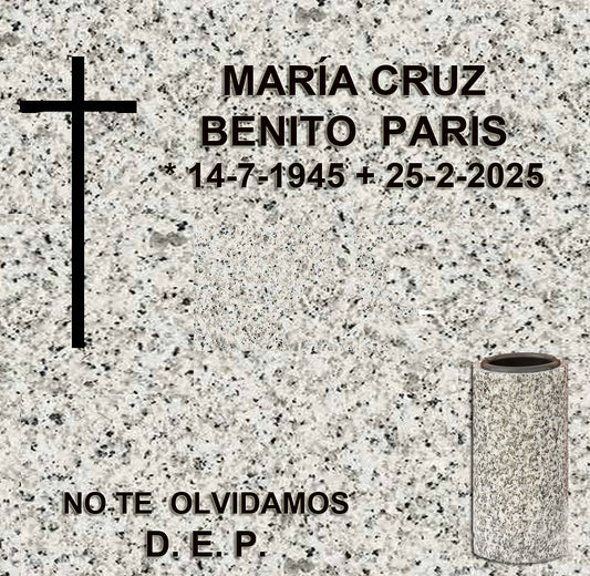 Cruz grabada con jarrón de granito para lápidas de columbario, con inscripción personalizada en Madrid. Diseño clásico, resistente y adaptado a normativas de cementerio. Memorial Spain.