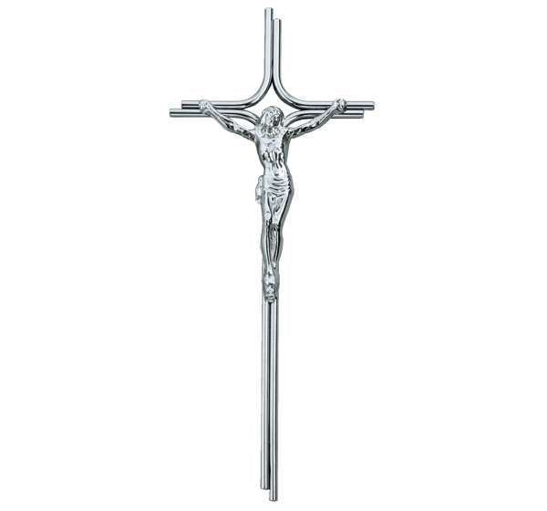 Cruz con Cristo en acero inoxidable para lápidas y nichos. Disponible en 35 cm. Alta resistencia exterior y envío a toda España.