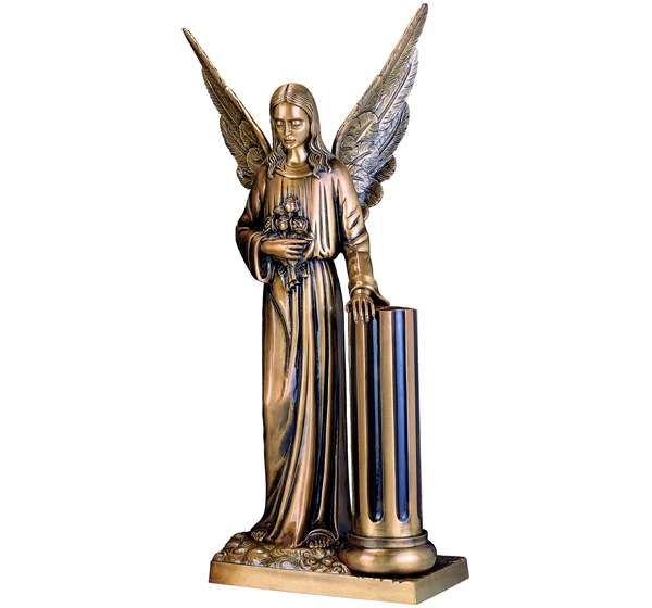 Estatua monumental de Ángel con Columna en bronce de 102 cm. Obra de arte funerario de lujo para panteones y mausoleos. Simboliza fortaleza y esperanza eterna.