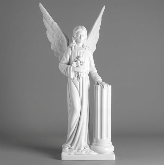 Impresionante escultura de Ángel con Columna de 107 cm. Elaborada en mármol sintético de alta resistencia con acabados clásicos. Ideal para templos o jardines. ¡Envío seguro!