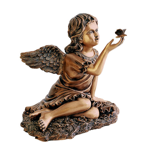 Elegante escultura de ángel con mariposa en bronce de 51 cm. Símbolo de resurrección y paz para lápidas y nichos. Alta resistencia y acabado artístico.