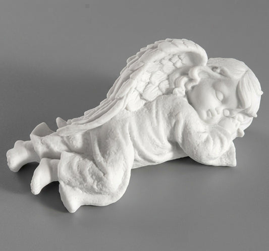 Escultura de angelito durmiendo de 15 cm fabricada en mármol sintético de alta calidad. Modelo MR 7338 ideal para decoración religiosa, lápidas o regalos. ¡Compra ahora!