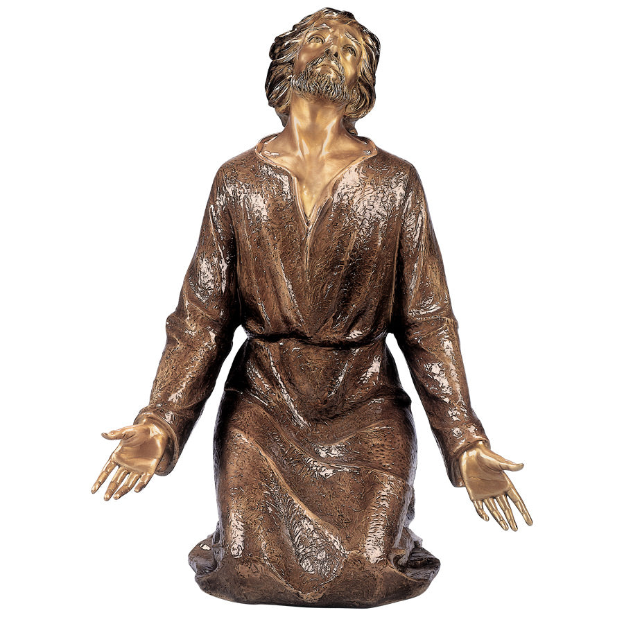 Imagen monumental de Cristo Arrodillado en bronce de 97 cm. Escultura artística de lujo para panteones y mausoleos. Resistencia extrema y detalle realista.