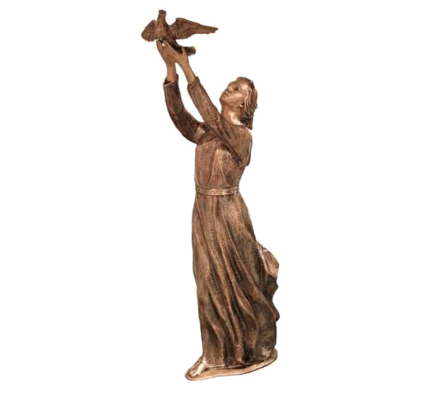 Imagen de Joven con Paloma en bronce de 148 cm. Escultura artística de gran formato para panteones y mausoleos. Símbolo de paz eterna y libertad del espíritu.