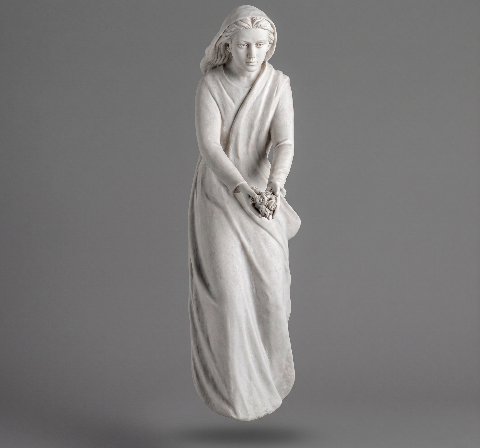 Escultura de joven con flores (75 cm) en mármol sintético. Alta resistencia para exterior, incluye fijación a suelo. Ref: MR 7474. ¡Consulte disponibilidad