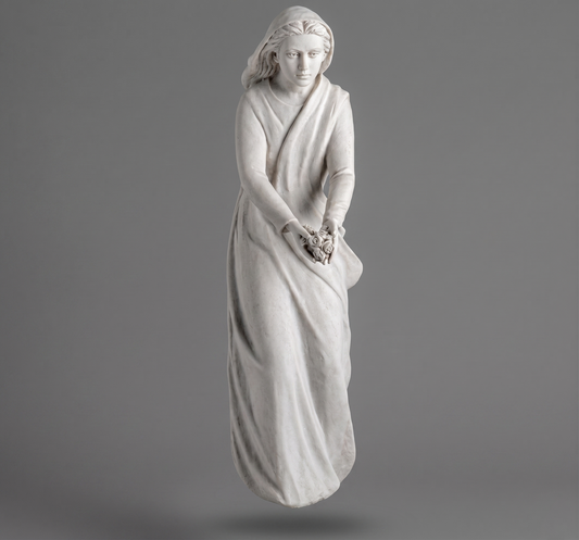 Escultura de joven con flores (75 cm) en mármol sintético. Alta resistencia para exterior, incluye fijación a suelo. Ref: MR 7474. ¡Consulte disponibilidad