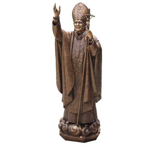 Réplica de San Juan Pablo II en bronce. Disponible en 30 cm para lápidas y 67 cm para panteones. Alta resistencia exterior y detalle artístico superior. Compre calidad eterna.