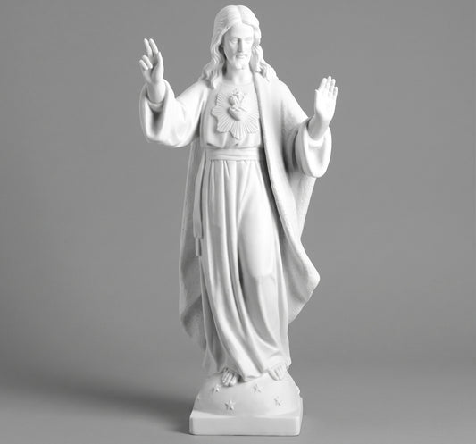 Solemne escultura del Sagrado Corazón de Jesús (85 cm) en mármol sintético. Acabado premium de alta resistencia para templos y hogares. ¡Descubre su realismo!