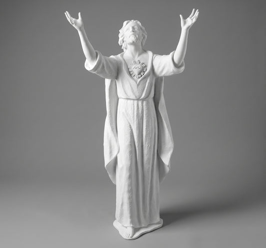 Impresionante Escultura del Sagrado Corazón de Jesús de 140 cm. Fabricada en mármol sintético de alta resistencia. Ideal para iglesias, exteriores y grandes altares. ¡Envío seguro y calidad garantizada!