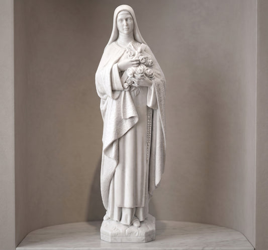 Encuentra la Imagen de Santa Teresa ideal para honrar a tus seres queridos. Fabricada en marmolina resistente, disponible en 30, 40 y 60 cm. Perfecta para instalación en lápidas y monumentos funerarios. Calidad y detalle excepcional.