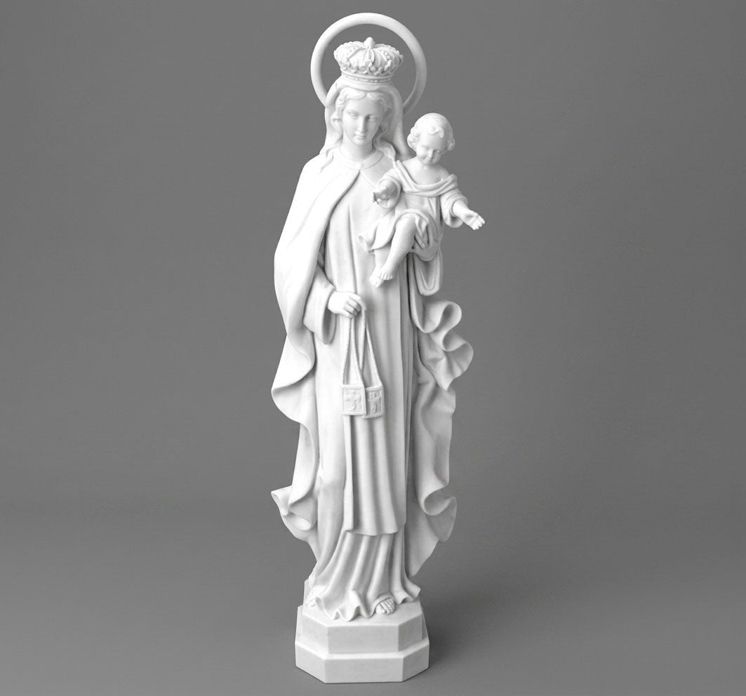 Imponente escultura de la Virgen del Carmen de 80 cm fabricada en marmolina de alta densidad. Una pieza de arte sacro con detalles excepcionales, ideal para parroquias, altares domésticos o exteriores protegidos. ¡Calidad artesanal y devoción duradera!