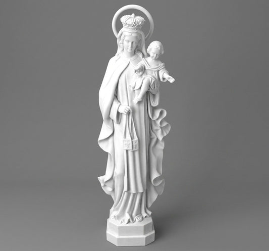 Imponente escultura de la Virgen del Carmen de 80 cm fabricada en marmolina de alta densidad. Una pieza de arte sacro con detalles excepcionales, ideal para parroquias, altares domésticos o exteriores protegidos. ¡Calidad artesanal y devoción duradera!