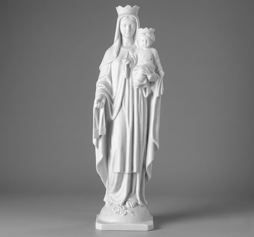Virgen del Carmen fabricada en marmolina de alta resistencia (50 cm). Imagen detallada ideal para lápidas, panteones o altares. Durabilidad garantizada.