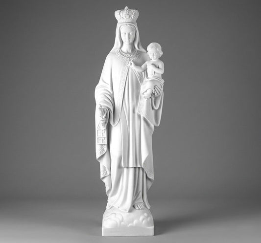 Escultura de la Virgen del Carmen en marmolina. Disponible en 60, 80 y 125 cm. Material de alta resistencia, ideal para panteones, jardines y altares.