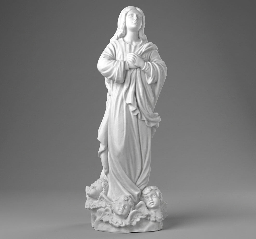 Escultura de la Virgen Purísima en marmolina de alta calidad (50 cm). Imagen con gran nivel de detalle, resistente a la intemperie, ideal para panteones.