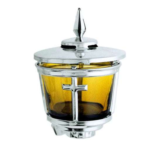 Farol para columbarios en acero inoxidable con vaso de cristal. Portavelas funerario resistente para exterior, diseño elegante y envío a toda España.