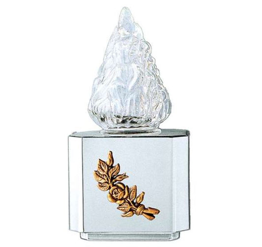 Farol funerario de acero inoxidable con rosa de bronce para lápidas y luz a pilas. Porta velas resistente para exterior, elegante y duradero. Envío a toda España.