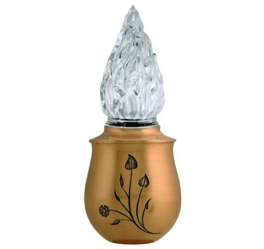 Farol funerario de bronce para lápidas con vaso de cristal. Portavelas resistente y duradero para exterior, diseño clásico y envío a toda España.