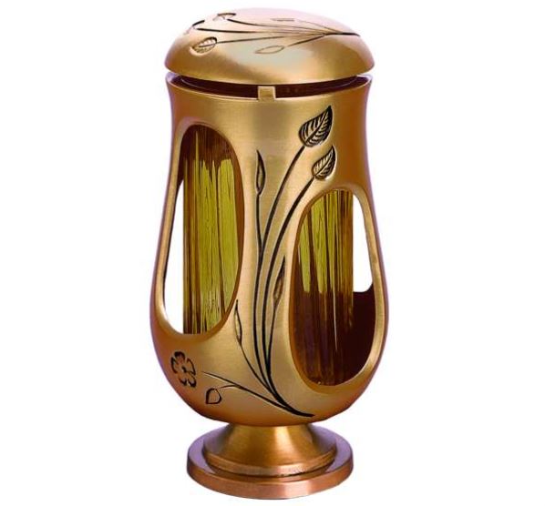 Farol funerario de bronce para lápidas con vaso de cristal para velas. Portavelas resistente para exterior, diseño clásico y envío a toda España.