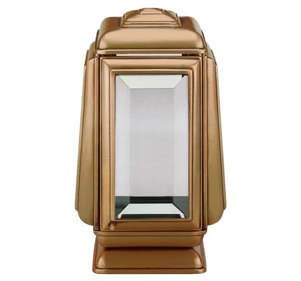 Farol funerario de bronce con cristales biselados para velas. Altura 21 cm, portavelas resistente para exterior, ideal para lápidas y panteones. Envío a toda España.