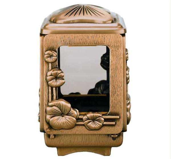 Farol funerario de bronce con cristales biselados para velas. Portavelas elegante y resistente para exterior, ideal para lápidas y panteones. Envío a toda España.