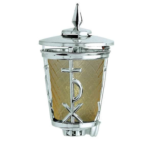 Farol para lápidas en acero inoxidable con vaso de cristal. Portavelas funerario resistente para exterior, diseño elegante y envío a toda España.