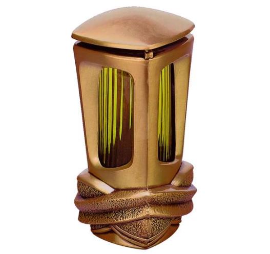 Farol funerario de bronce para lápidas con vaso de cristal para velas. Portavelas resistente para exterior, diseño clásico y envío a toda España.