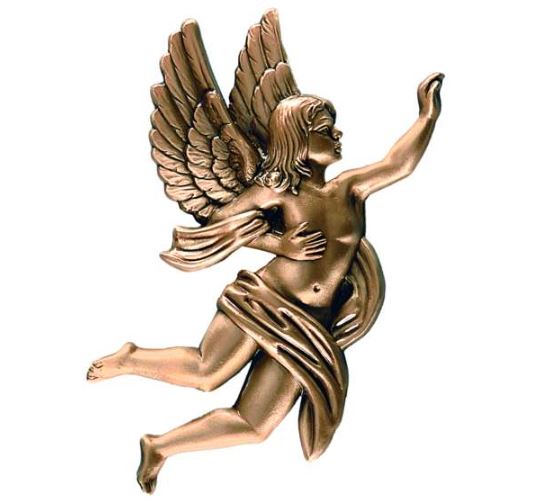 Figura de ángel decorativo en bronce de 17 cm (Ref. BR 2058). Instalación mediante taladro con pernos ocultos para una fijación de alta seguridad en lápidas.