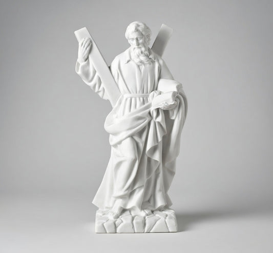 Imagen religiosa de San Andrés en mármol sintético modelo MR 6390, diseñada para la decoración de lápidas, nichos y frentes de panteón con alta resistencia a la intemperie.