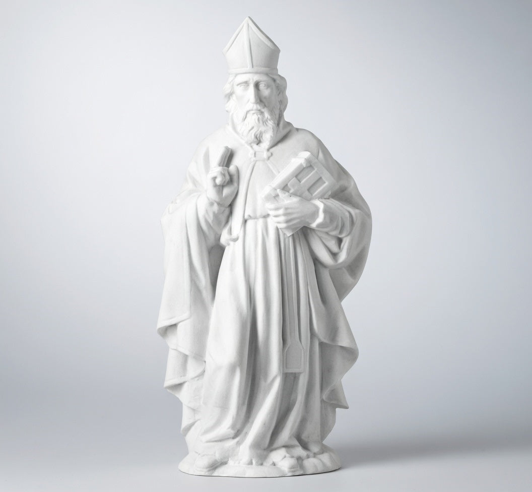 Imagen religiosa de San Blas en mármol sintético modelo MR 6318, diseñada para la decoración de lápidas, nichos y frentes de panteón con alta resistencia a la intemperie.