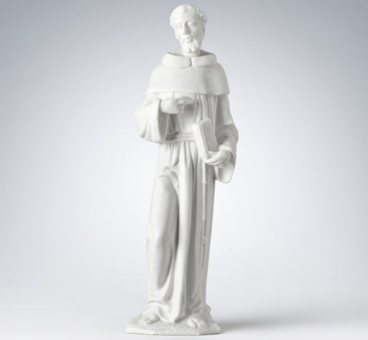Figura de San Francisco en marmolina de 36 cm con dorso plano. Ideal para pegar de forma fácil, segura y resistente en lápidas y frentes de cementerio.