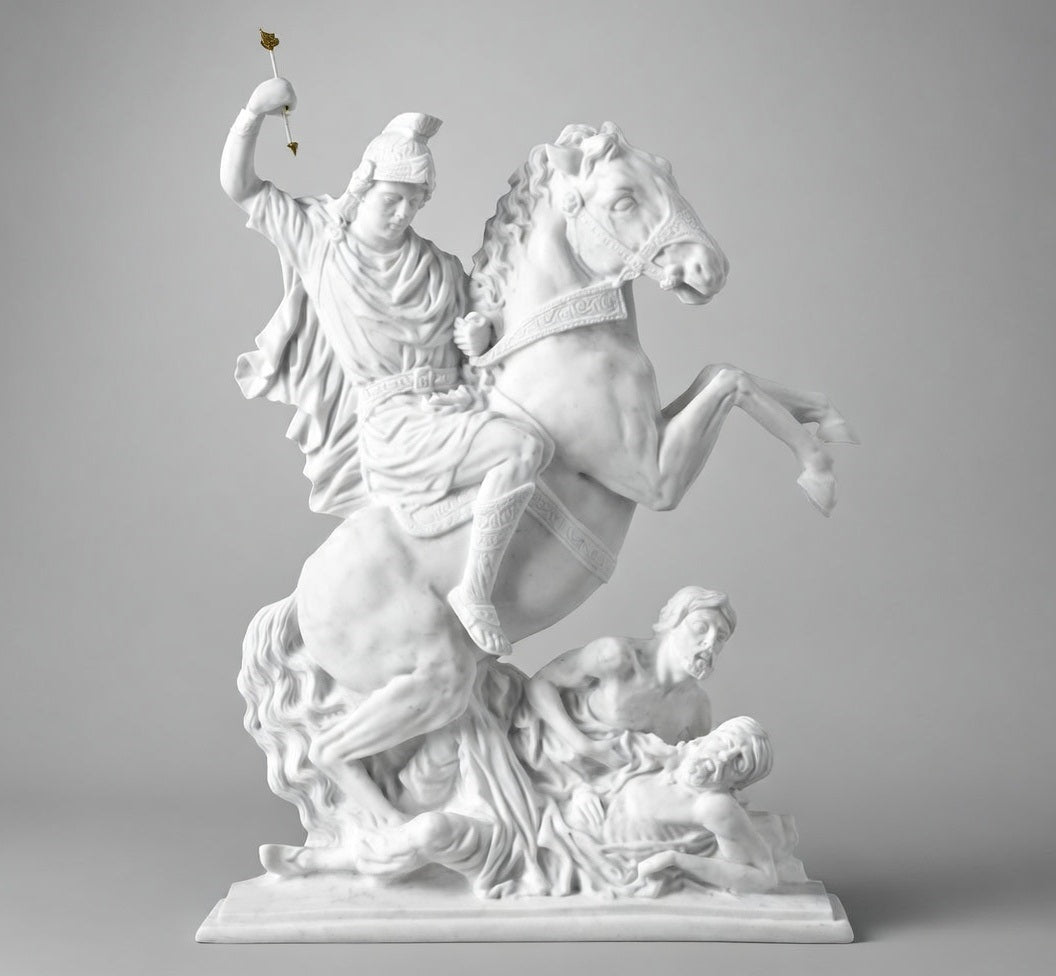 Imagen religiosa de San Jorge a caballo en mármol sintético modelo MR 6518, diseñada para la decoración de lápidas, nichos y frentes de panteón con alta resistencia.