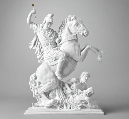Imagen religiosa de San Jorge a caballo en mármol sintético modelo MR 6518, diseñada para la decoración de lápidas, nichos y frentes de panteón con alta resistencia.