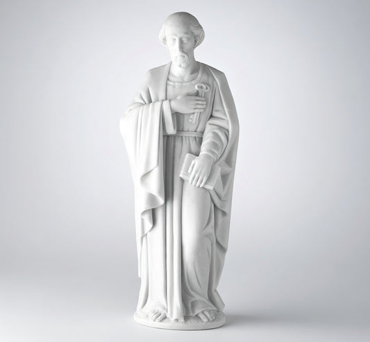 Imagen religiosa de San Pedro en mármol sintético modelo MR 6072, diseñada para la decoración de lápidas, nichos y arte funerario con acabado de alta resistencia.