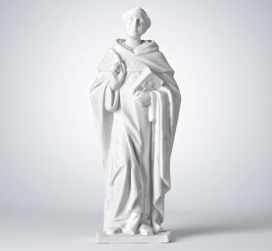 Imagen religiosa de Santo Tomás de Aquino en mármol sintético modelo MR 6391, diseñada para la ornamentación de lápidas, nichos y arte funerario de alta resistencia.