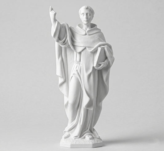 Compra la imagen de San Vicente en marmolina de 37 cm. Relieve plano de alta resistencia exterior, ideal para instalar de forma segura en lápidas y nichos.