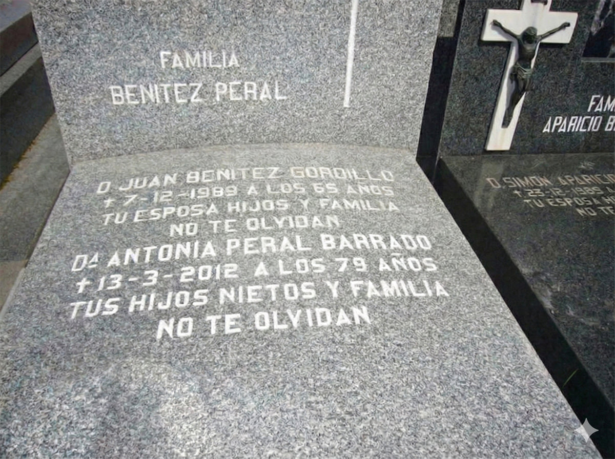 inscripción funeraria grabada a mano en sepultura de granito con técnica artesanal tradicional